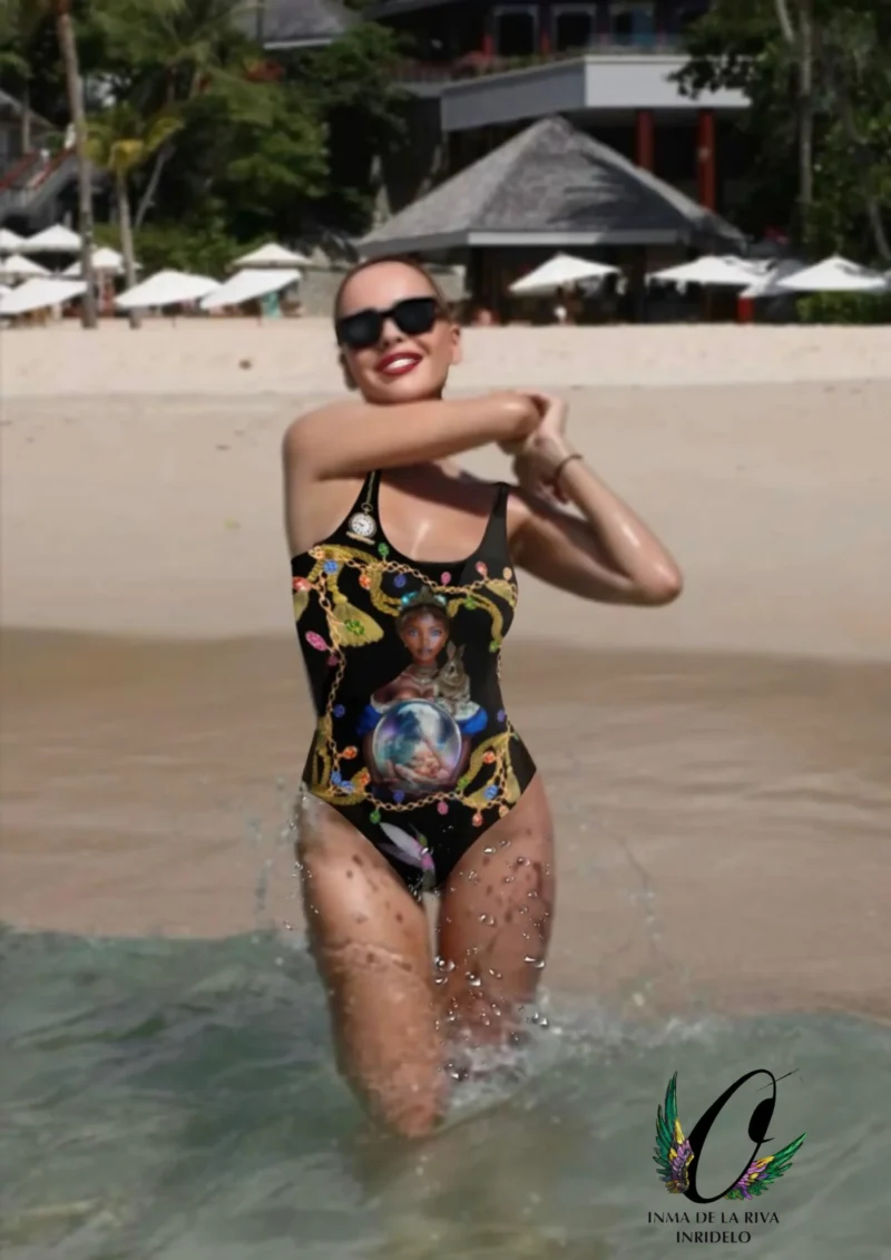 Modelo mujer en la playa con Bañador Mami Mumis Colibrí Diseño Exclusivo Inma de la Riva